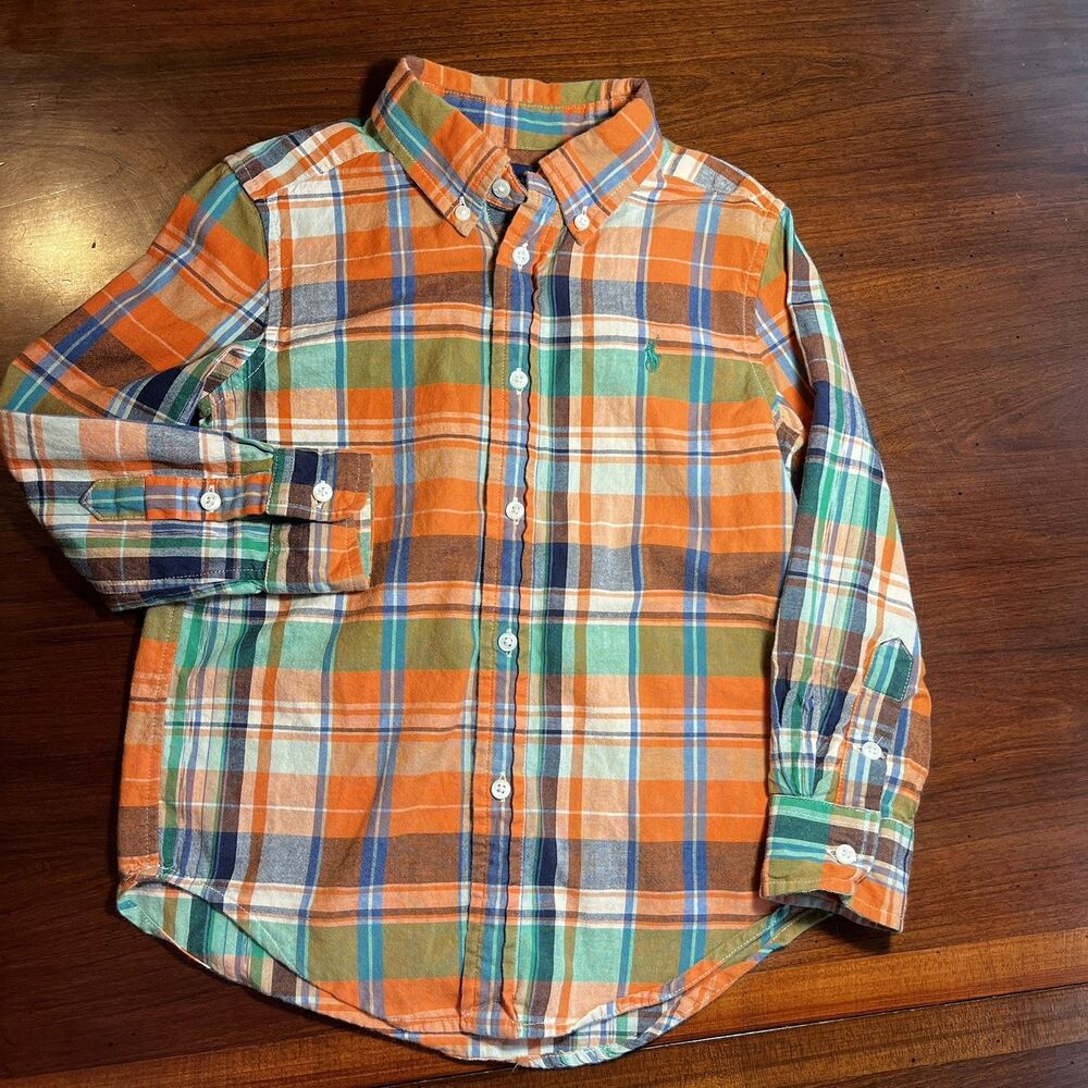 Ralph Lauren Shirt Boys 4T Orange Blue Plaid Long Sleeve Pony Logo Picture day